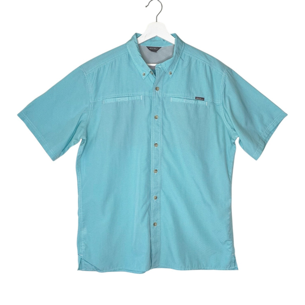 Eddie Bauer Shirt Mens Large Short Sleeve Button Down Blue Lightweight Preppy